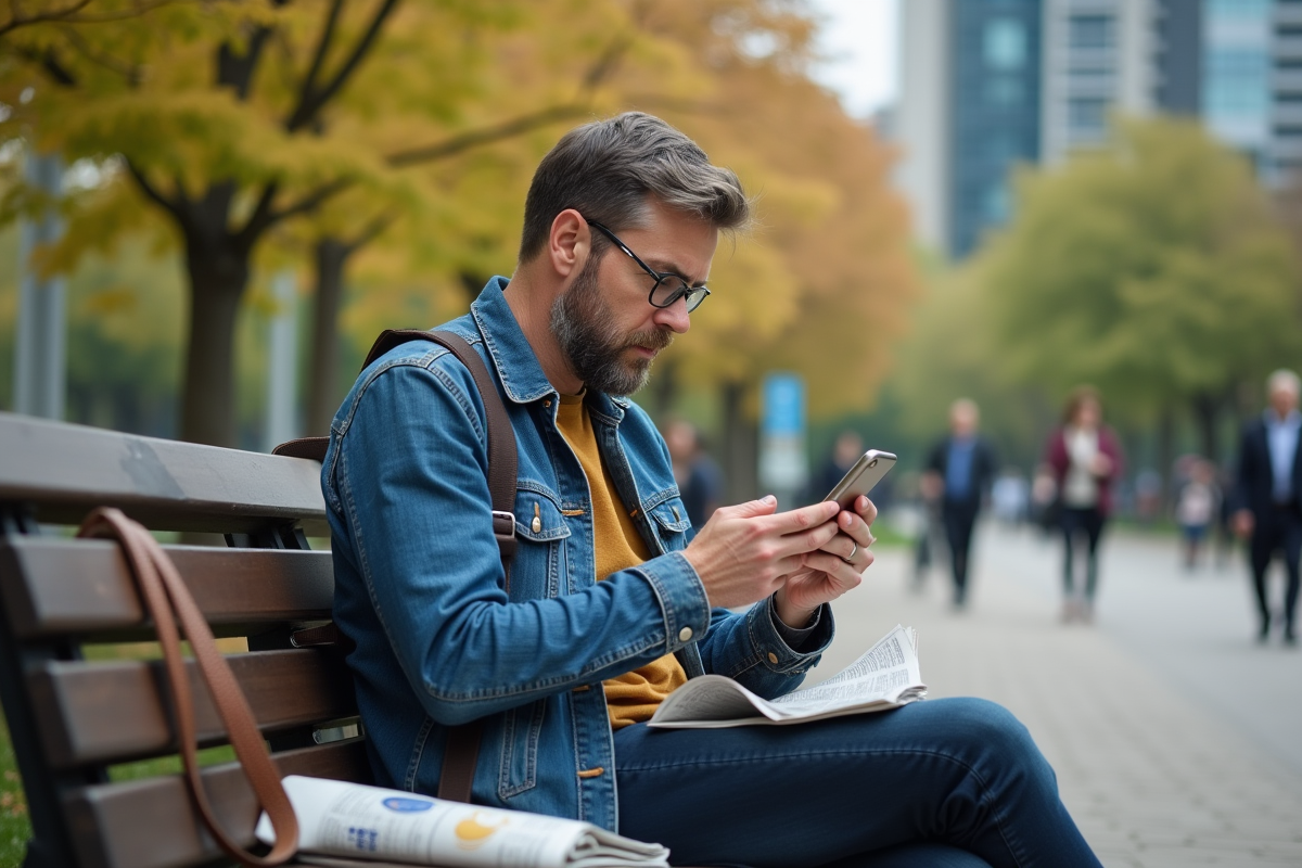 Homme d age moyen utilisant smartphone dans un parc