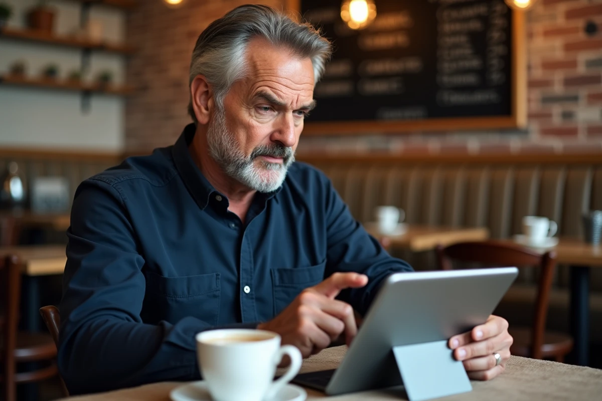 Homme d'âge moyen utilisant une tablette dans un café pour accéder au support client Nickel