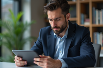 Homme concentré utilisant une application XRP sur tablette à domicile