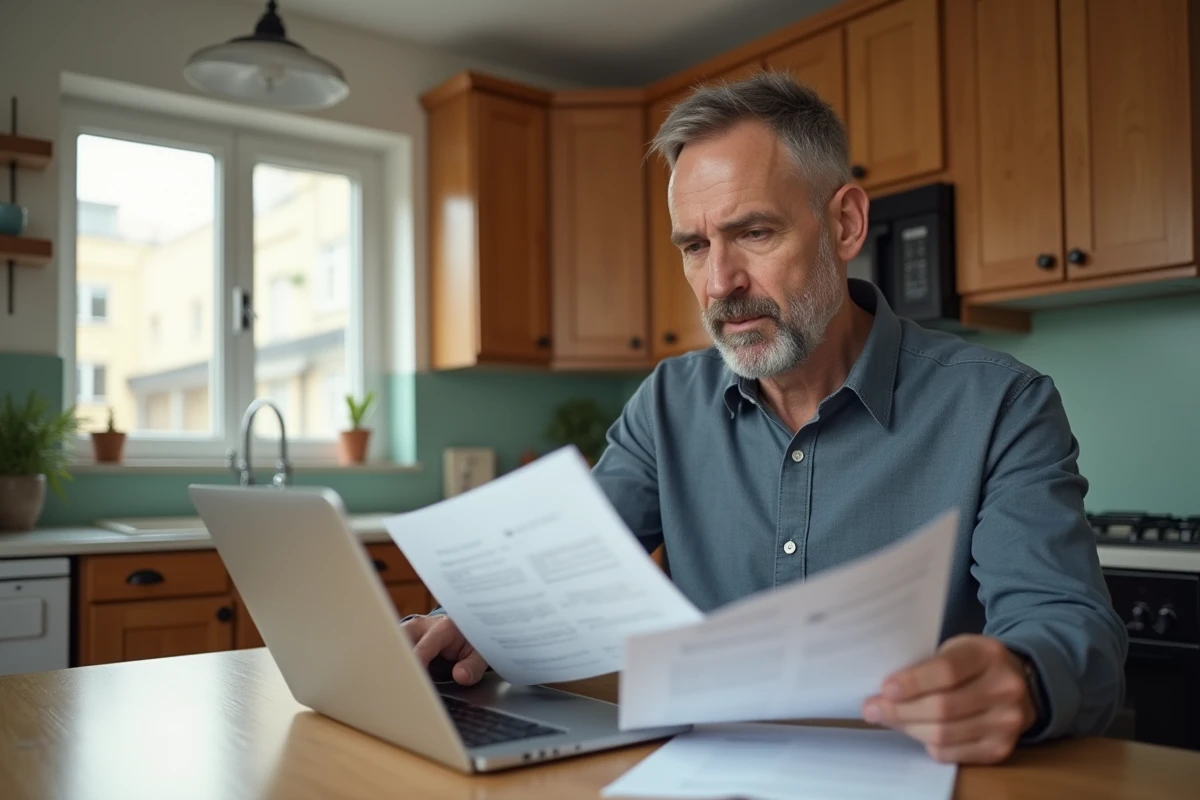 Homme d âge moyen travaillant sur un ordinateur à la maison