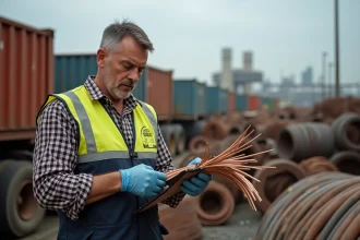Homme en tenue de travail vérifiant des câbles en cuivre dans une casse