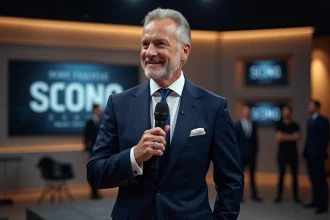 Homme français en costume dans un studio télé moderne