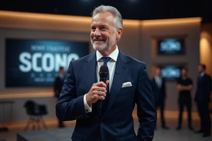 Homme français en costume dans un studio télé moderne