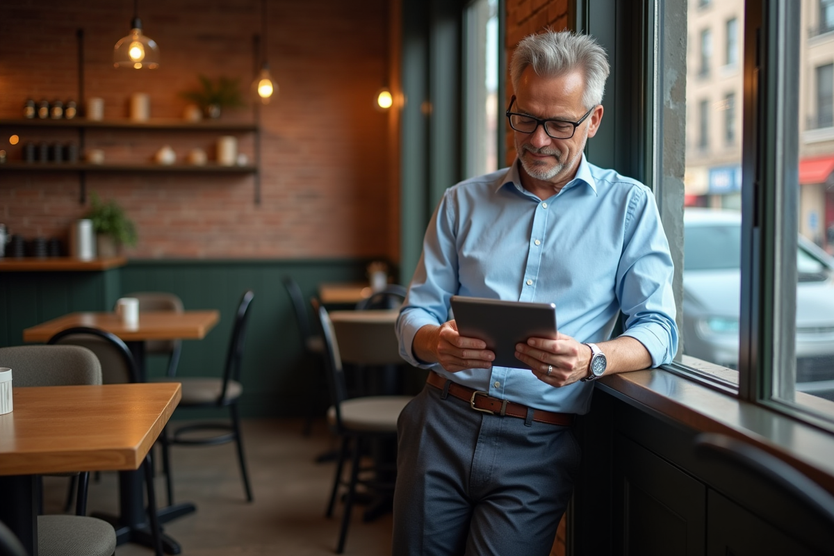 Homme d age utilisant une tablette dans un café chaleureux