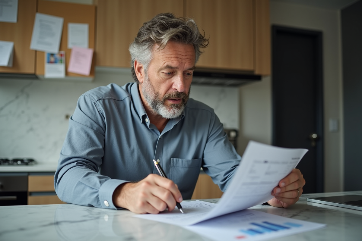 Homme vérifiant des documents financiers dans la cuisine