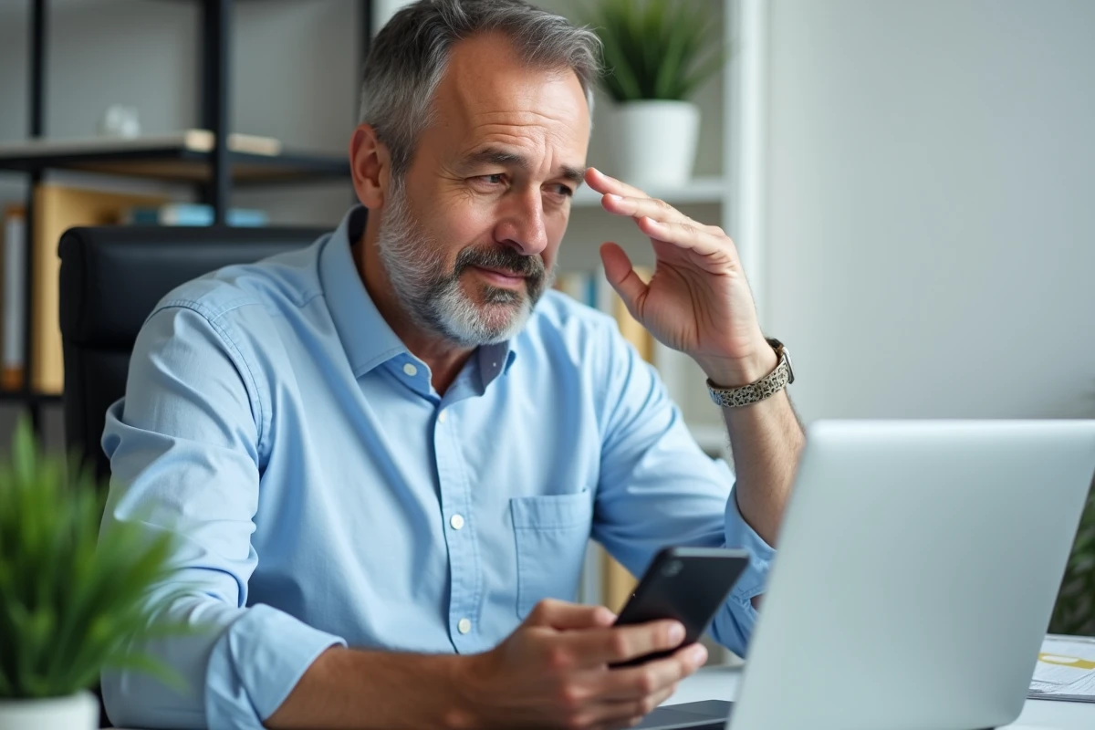 Homme vérifiant ses transactions bancaires en ligne sur ordinateur et smartphone pour identifier un prélèvement ADIS