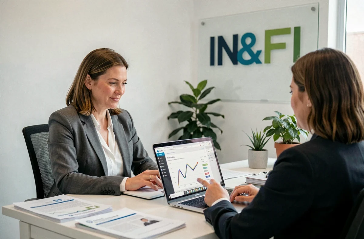 Une conseillère In&Fi Crédits présente une simulation de prêt immobilier à un client