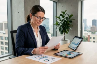 Femme professionnelle analysant un portefeuille d'investissement SCPI sur tablette dans un bureau moderne