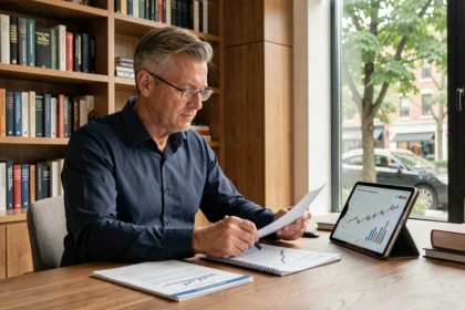 Investisseur particulier analysant des documents et graphiques sur un placement en SCPI dans un bureau à domicile moderne