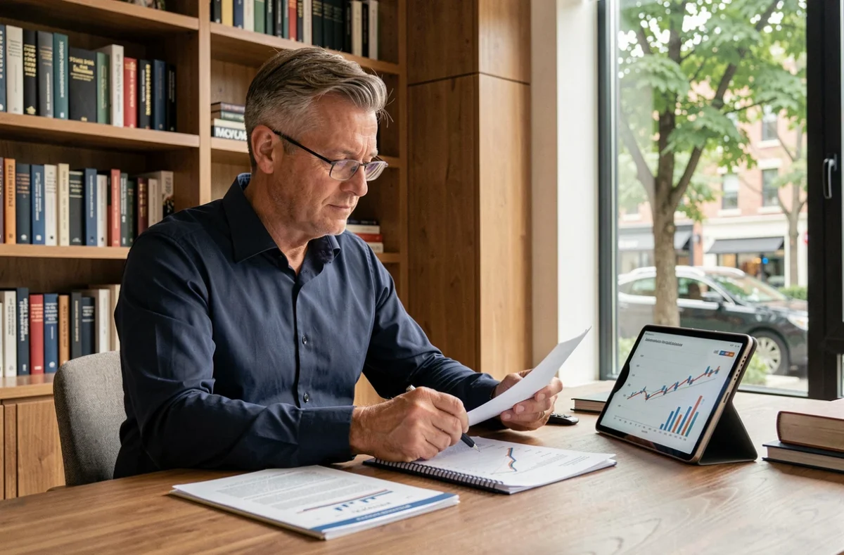 Investisseur particulier analysant des documents et graphiques sur un placement en SCPI dans un bureau à domicile moderne