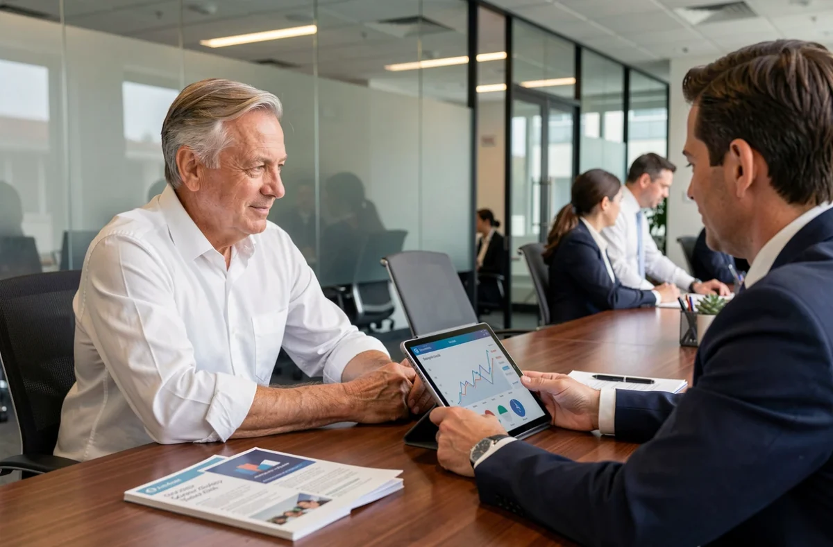 Investisseur senior en réunion avec un conseiller financier pour discuter de la fiscalité des SCPI et de la flat tax