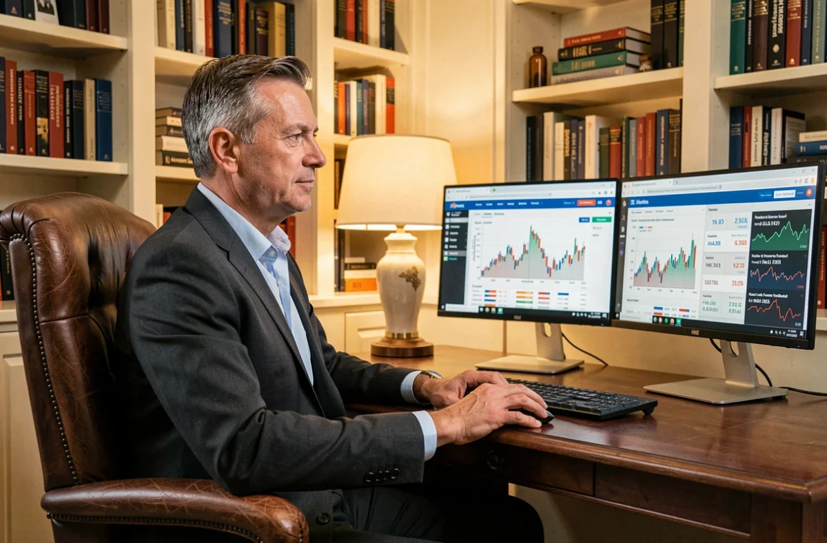 Investisseur particulier consultant un tableau de bord de portefeuille d'actifs alternatifs depuis son bureau à domicile