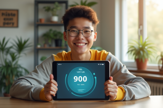 Jeune adulte souriant avec tablette affichant 900 de credit
