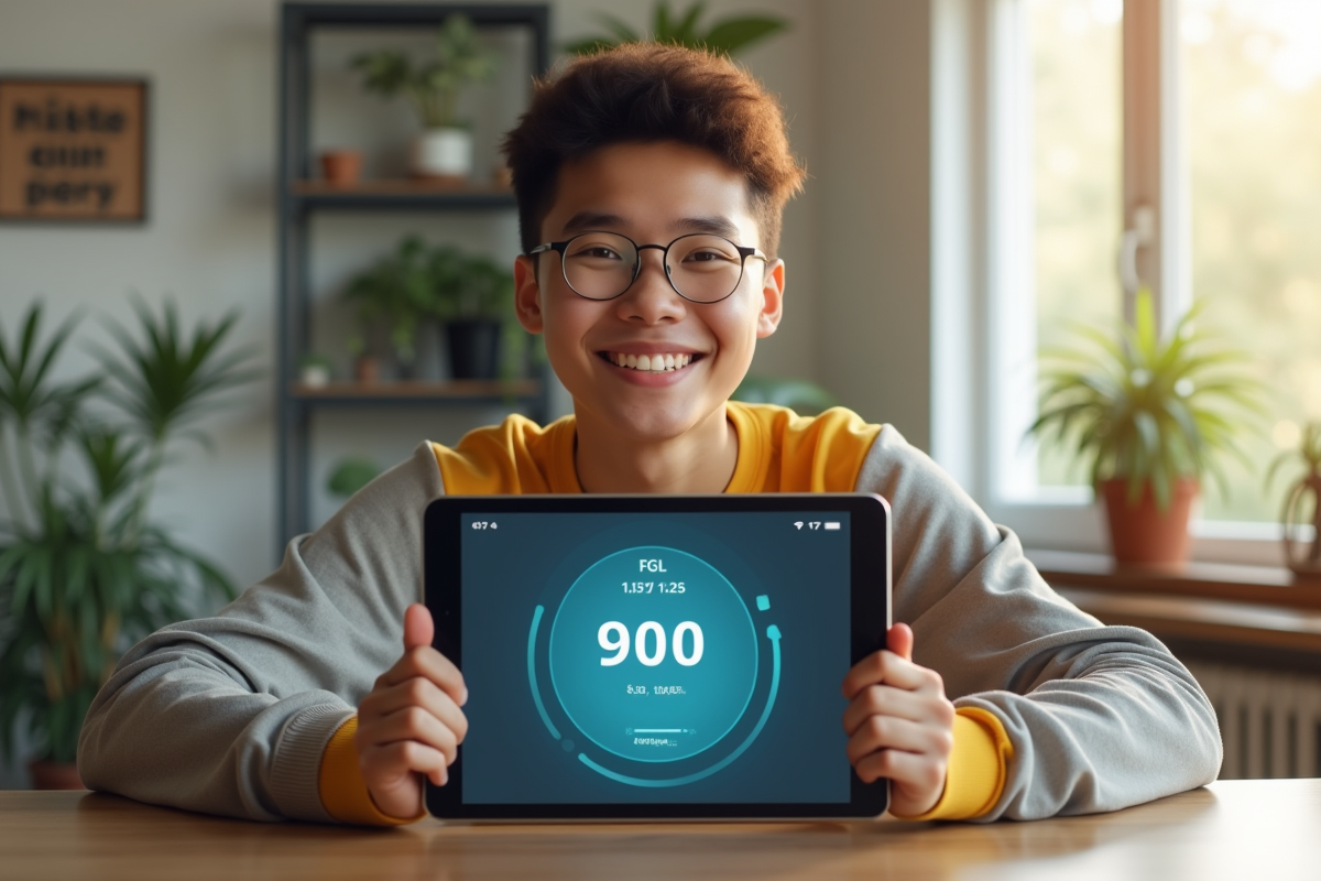 Jeune adulte souriant avec tablette affichant 900 de credit