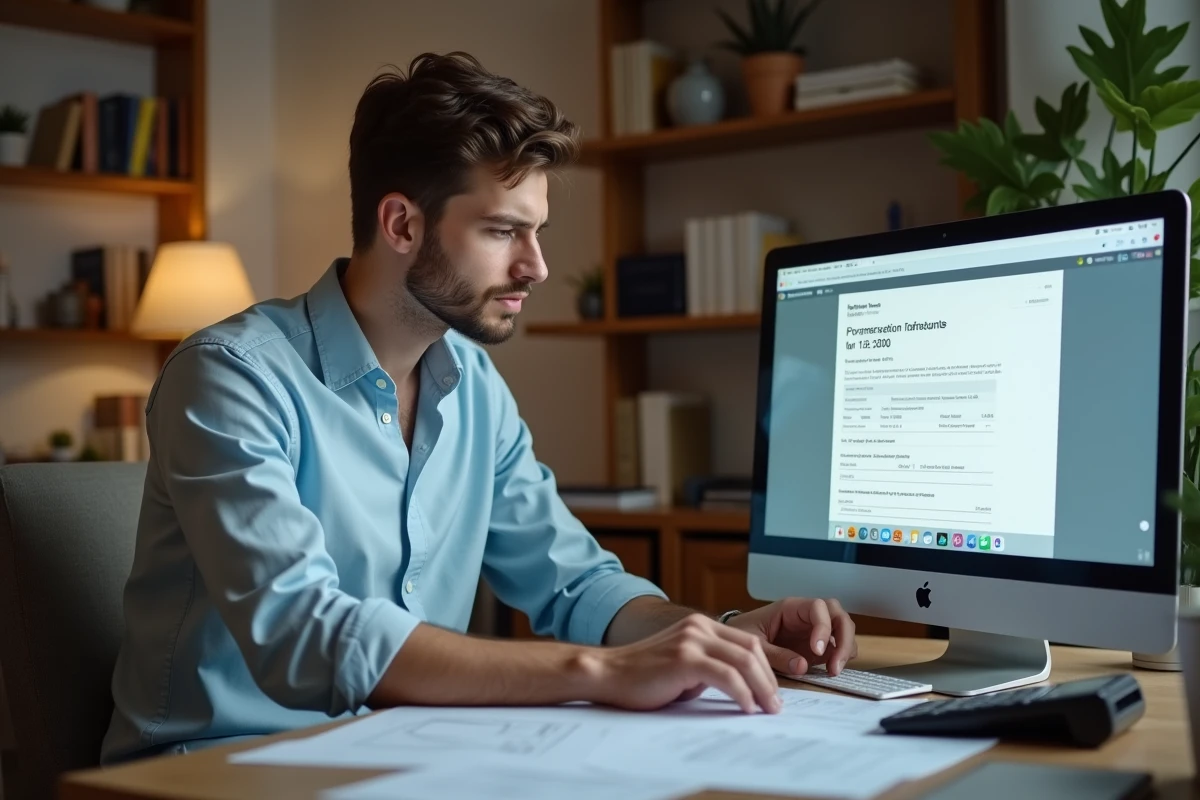 Jeune comptable anxieux devant son ordinateur à la maison