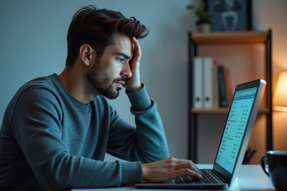 Jeune entrepreneur stressé devant son ordinateur portable consultat son compte bancaire professionnel en ligne, illustrant les erreurs fréquentes de gestion financière des indépendants