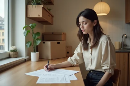 Jeune femme consultant ses documents APL à son bureau lors de son entrée dans un nouvel appartement