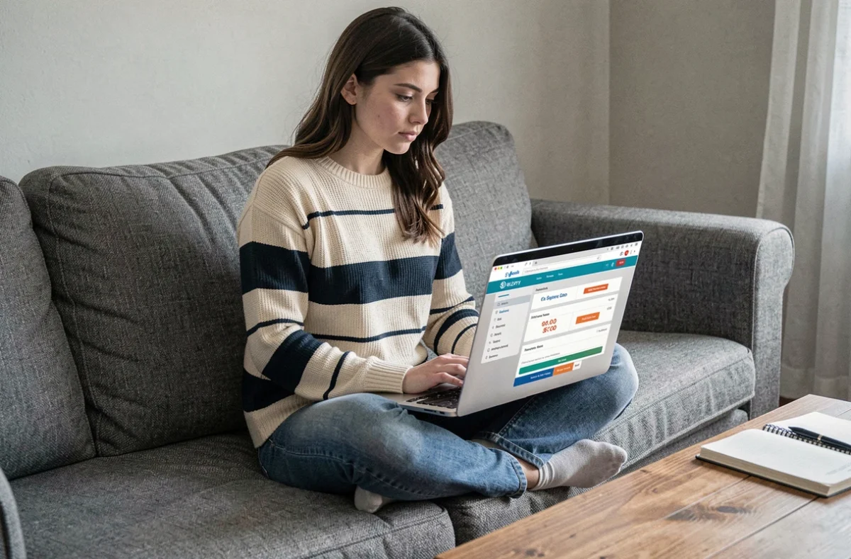 Jeune femme consultant une simulation de salaire SMIC 25 heures sur son ordinateur portable depuis son salon