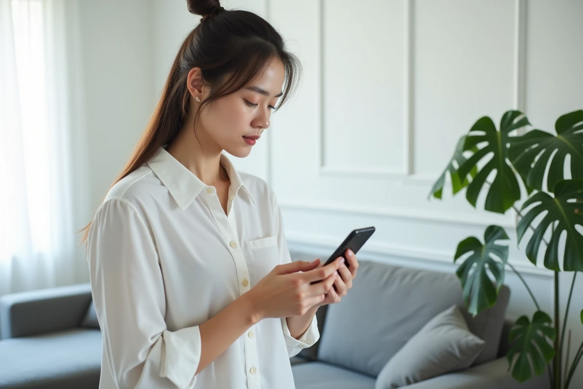 Jeune femme consultant les numéros Cetelem sur smartphone avant un appel au service client