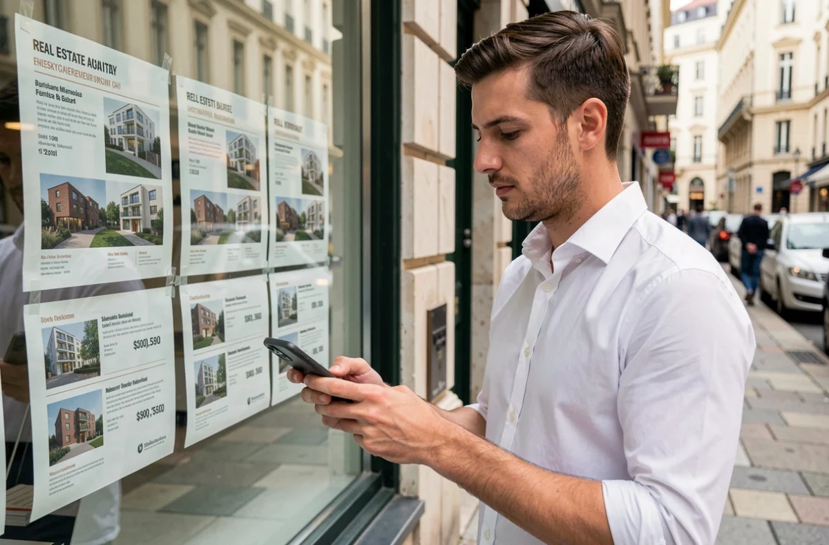 Jeune homme consultant des annonces immobilières en agence pour évaluer son budget d'achat avec 2400 euros brut