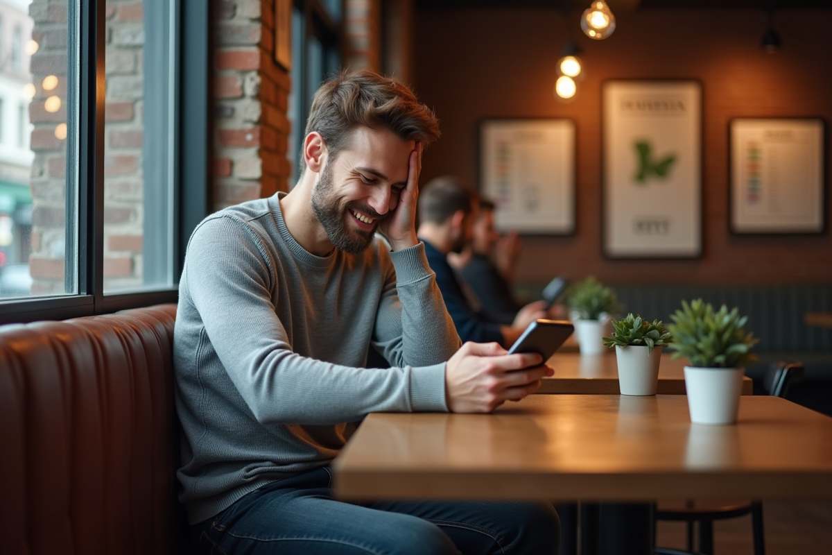 Jeune homme utilisant une application bancaire dans un café urbain