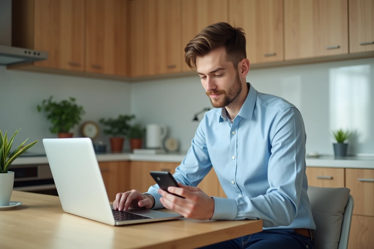 Jeune homme utilisant une interface bancaire en ligne à la maison