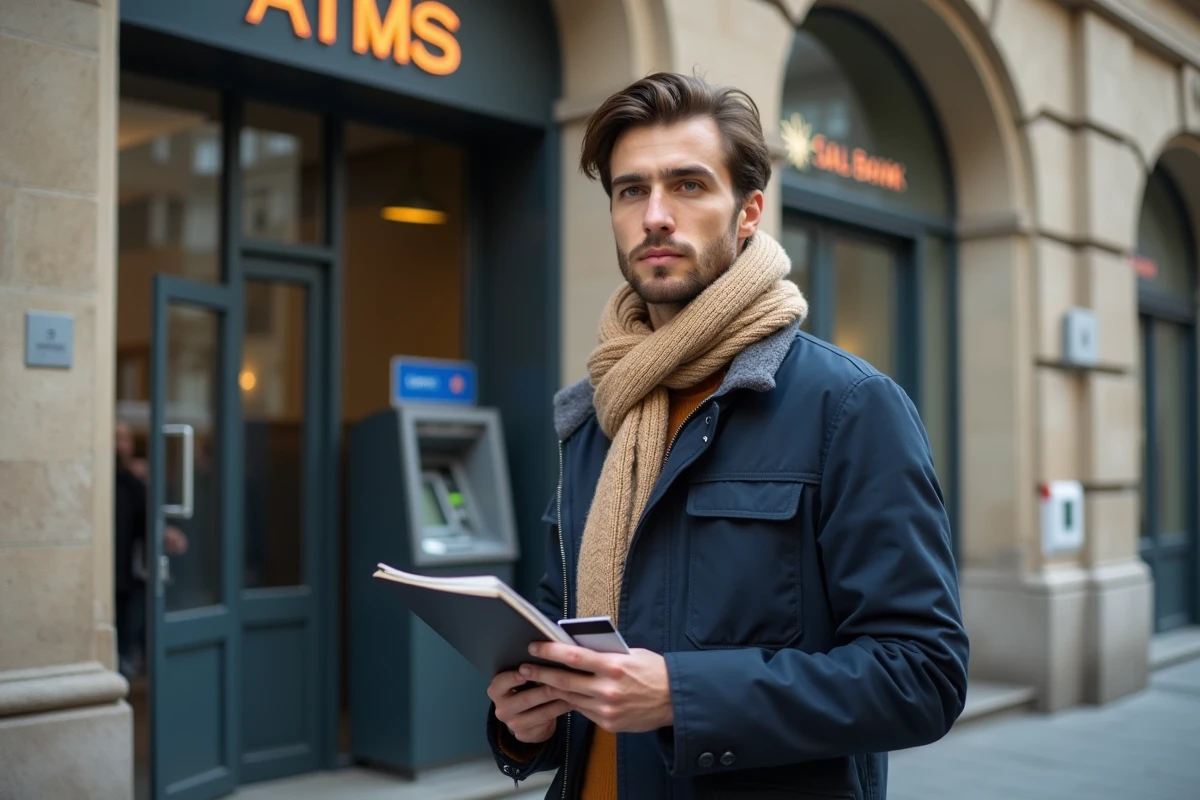Jeune homme devant une agence bancaire en ville
