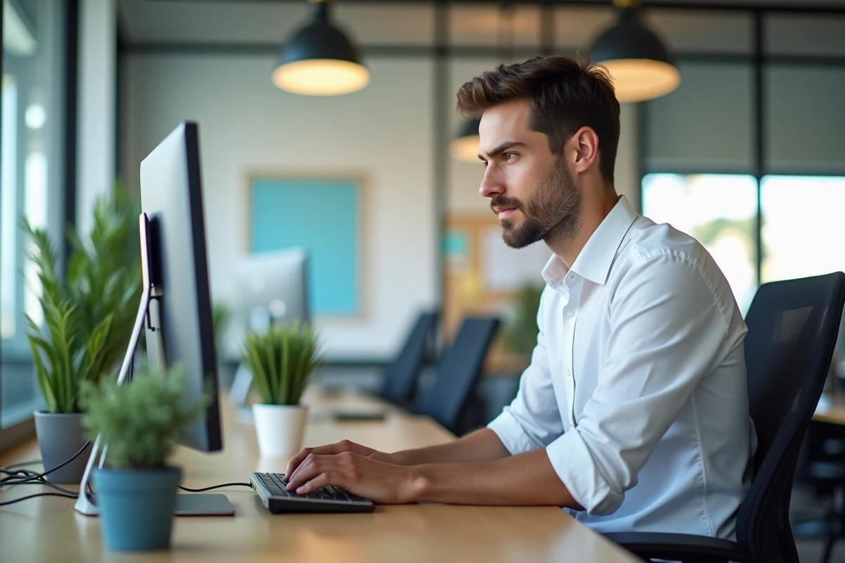 Jeune homme au bureau regardant ses emails sur l