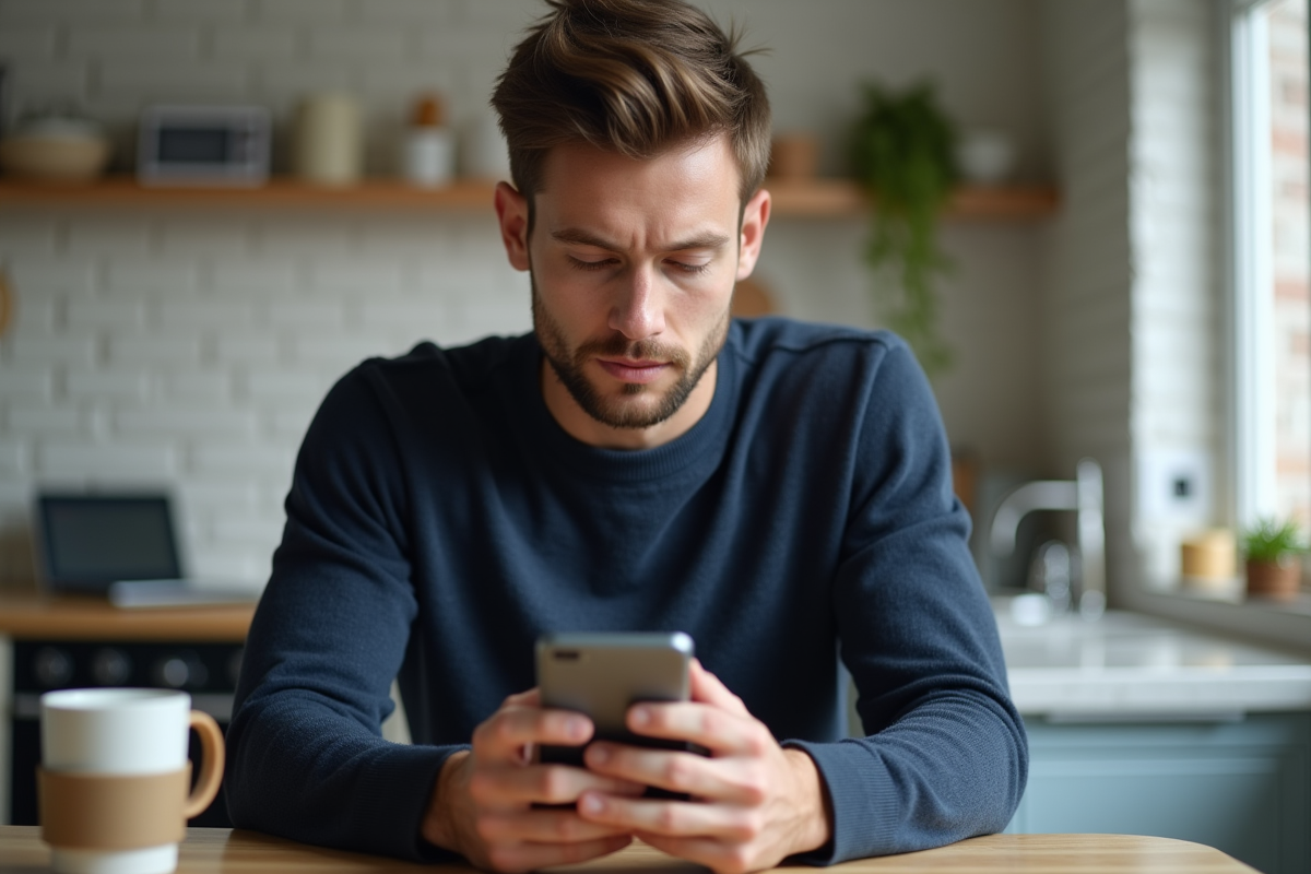 Jeune homme regardant son smartphone avec une application crypto