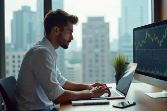 Jeune homme d'affaires vérifiant des graphiques boursiers sur son ordinateur