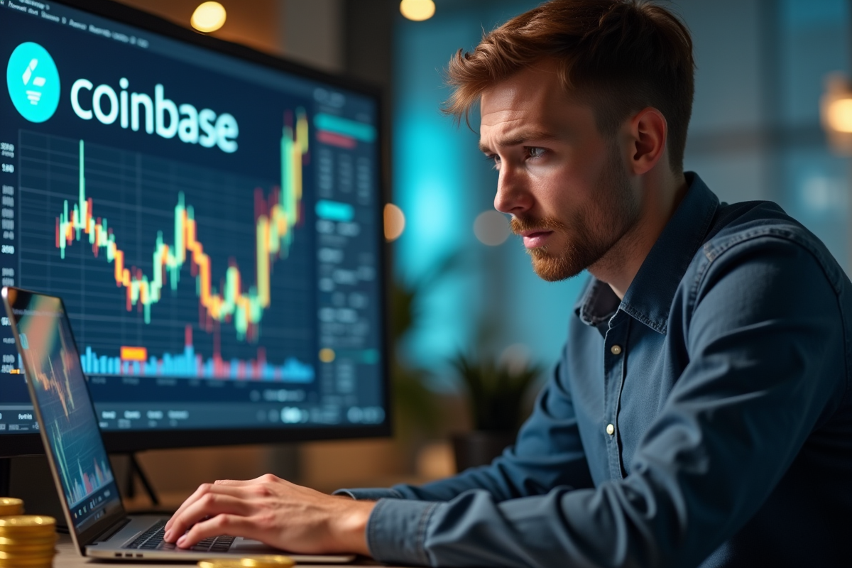 Jeune homme inquiet vérifiant prix cryptomonnaies sur ordinateur