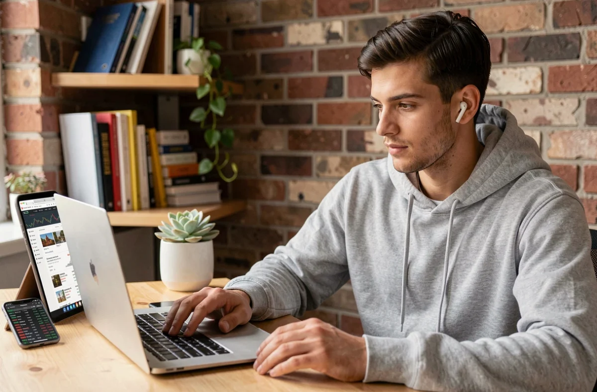 Jeune investisseur particulier consultant des informations financières en temps réel sur ordinateur portable et smartphone dans son espace de travail à domicile
