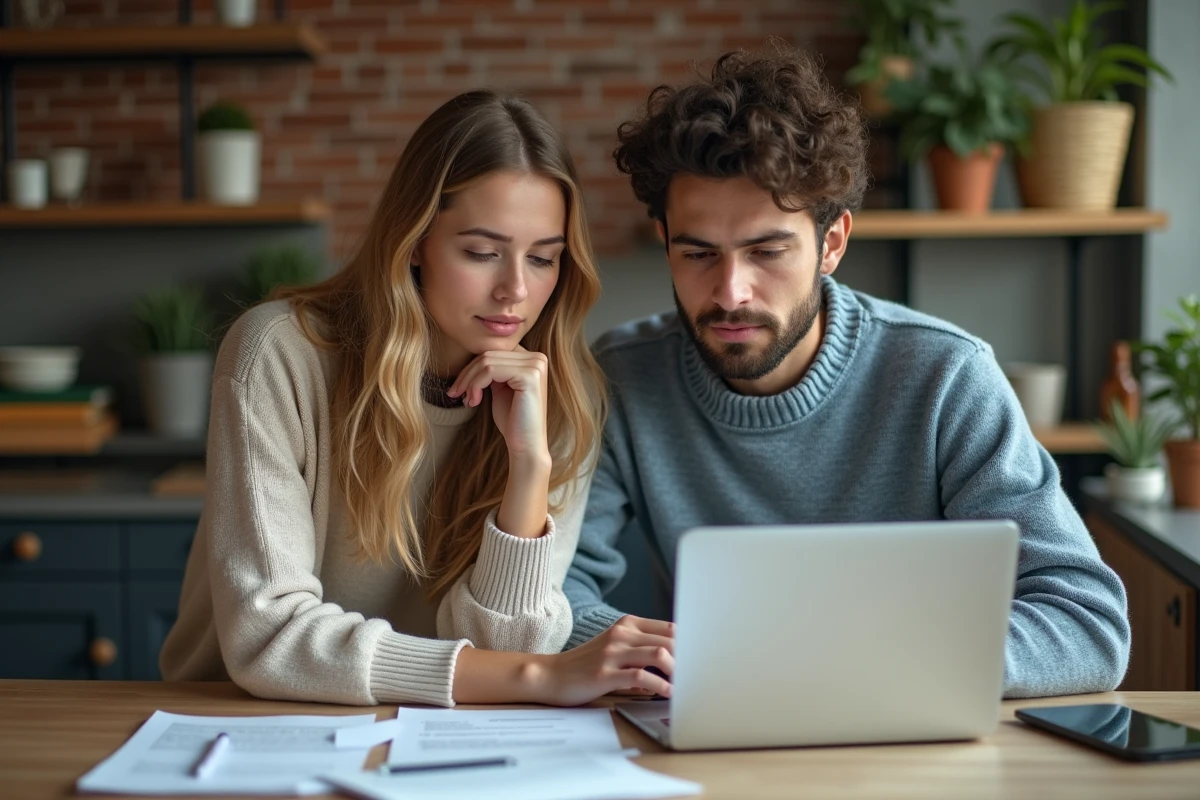 Deux jeunes adultes discutent à la cuisine dans un appartement moderne