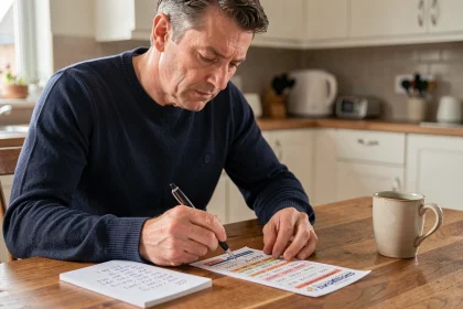 Joueur régulier de l'EuroMillions Étoile + analysant ses numéros chanceux sur un ticket de loterie à la maison