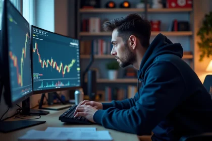 Joueur concentré analysant des graphiques boursiers sur son PC gaming pour optimiser la bourse de Lester dans GTA 5