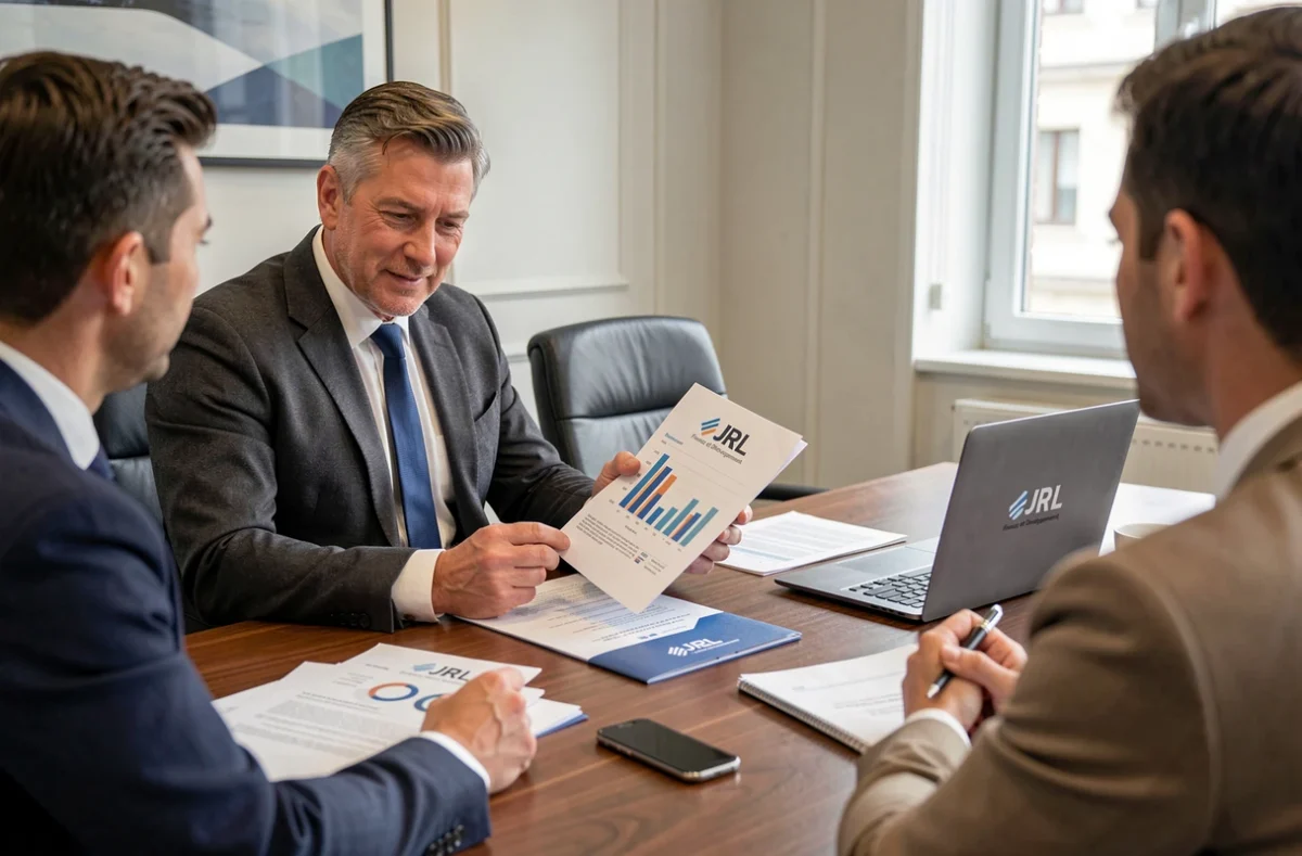 Un courtier JRL Finance et Développement présente une stratégie de financement immobilier à des clients professionnels