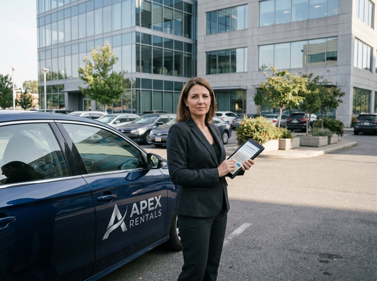 Une femme d'affaires consulte un contrat de location longue durée à côté d'une voiture de flotte