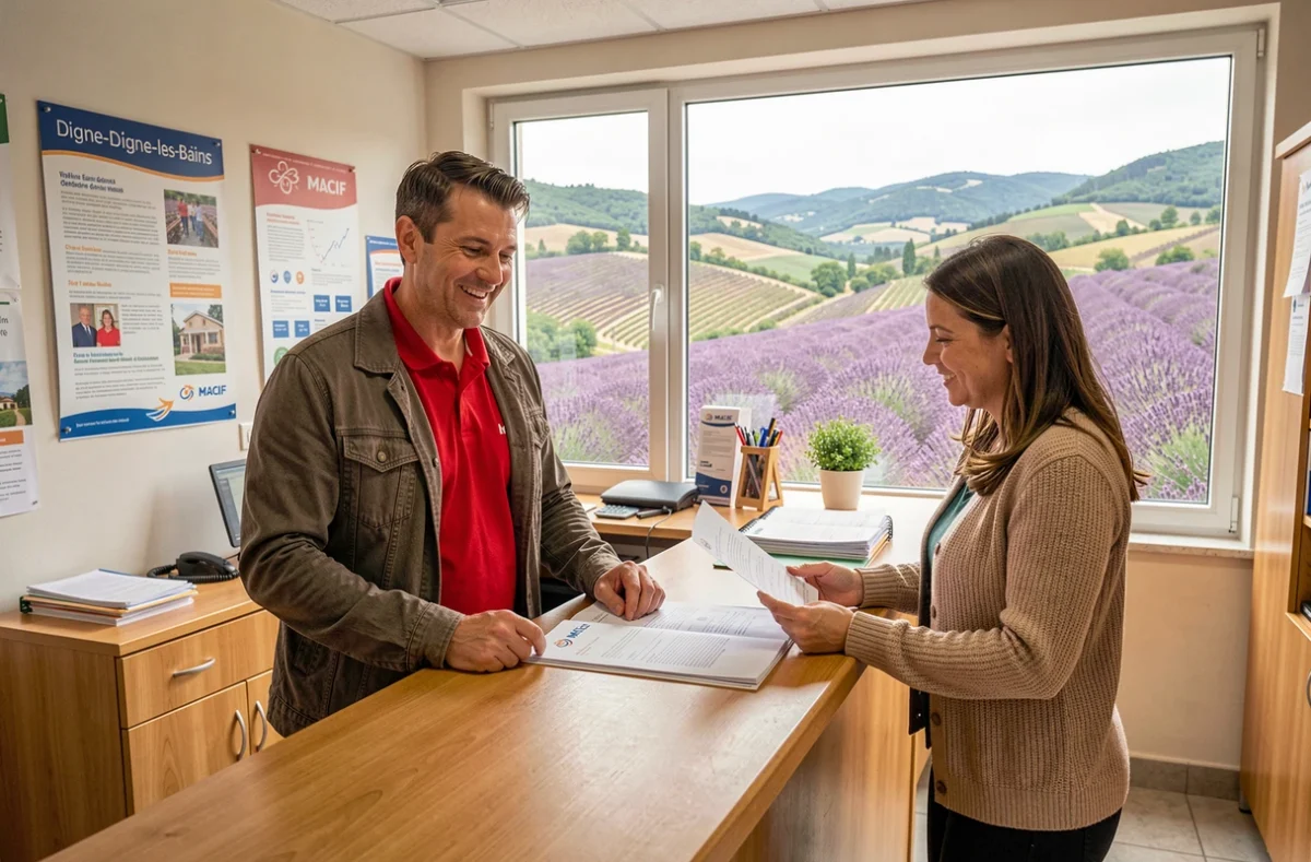 Conseiller MACIF en polo rouge assistant une cliente au comptoir de l'agence de Digne-les-Bains avec les collines de lavande des Alpes-de-Haute-Provence en arrière-plan