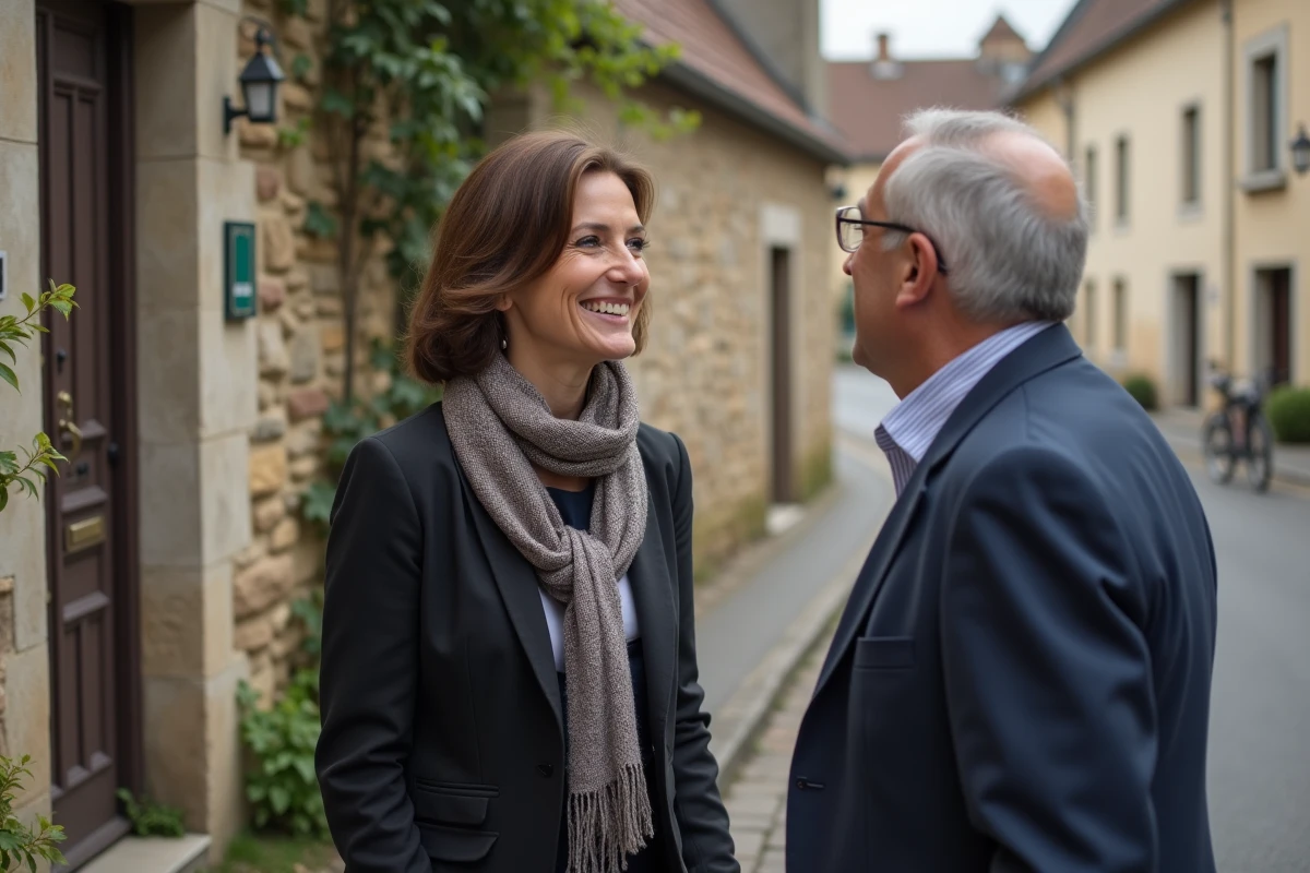 Maire femme discutant avec un résident devant la mairie