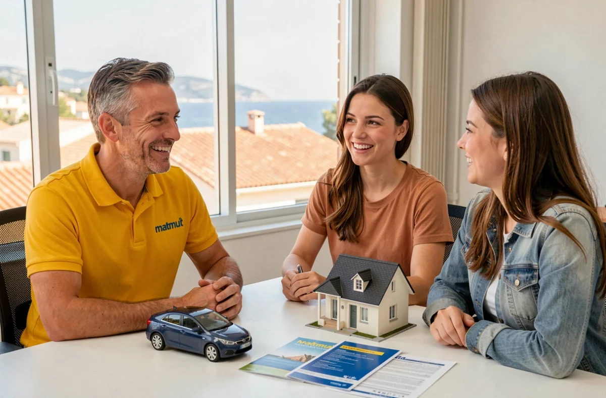 Agent Matmut en polo jaune conseillant un couple sur l'assurance auto et habitation dans l'agence de Fréjus avec vue sur les toits en terre cuite du Var
