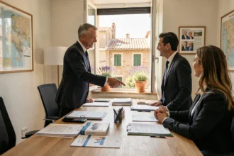 Agent d'assurance en Provence-Alpes-Côte d'Azur accueillant des clients dans une agence moderne avec vue sur une rue méditerranéenne ensoleillée