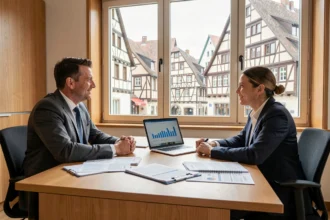 Vue d'ensemble d'un bureau de courtier en assurance dans le Bas-Rhin avec deux professionnels en discussion autour de documents