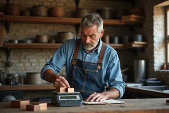 Artisan métallier pesant du bronze dans son atelier
