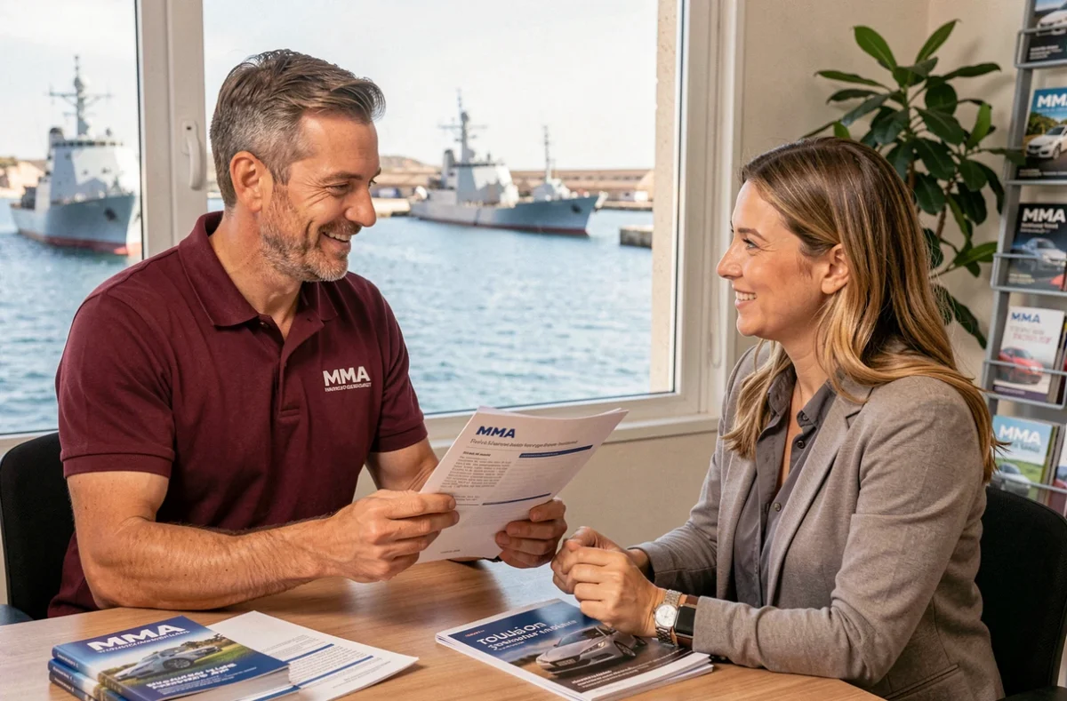 Agent MMA en polo bordeaux expliquant un contrat d'assurance auto à une cliente dans l'agence de Toulon avec vue sur le port militaire en arrière-plan
