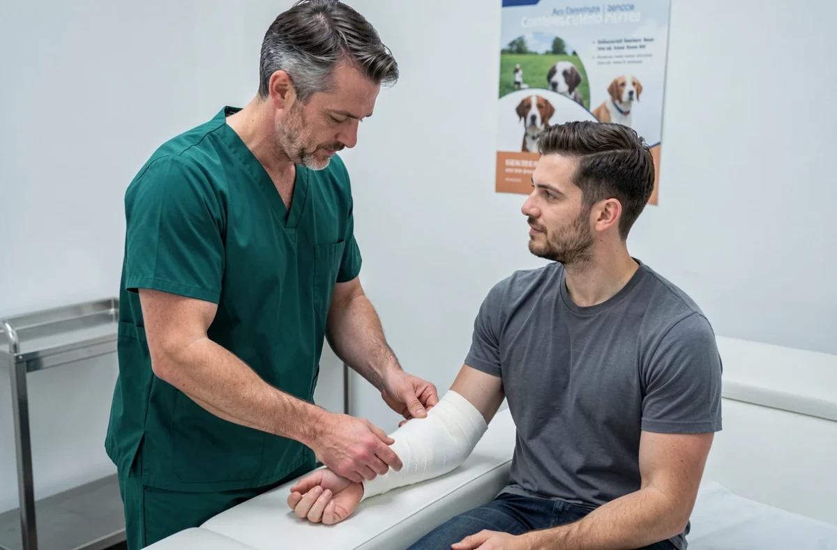 Vétérinaire examinant une main bandée après une morsure de chien dans un cabinet médical