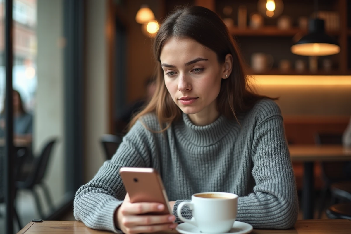 Jeune femme consultant l'option mot de passe oublié sur l'application bancaire Banque Populaire depuis un café