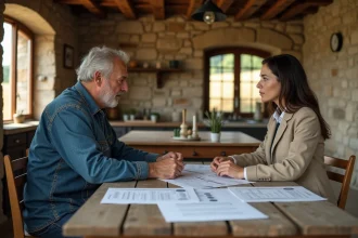 Agriculteur et conseillère agricole négociant un bail rural autour d'une table en bois dans une ferme française traditionnelle