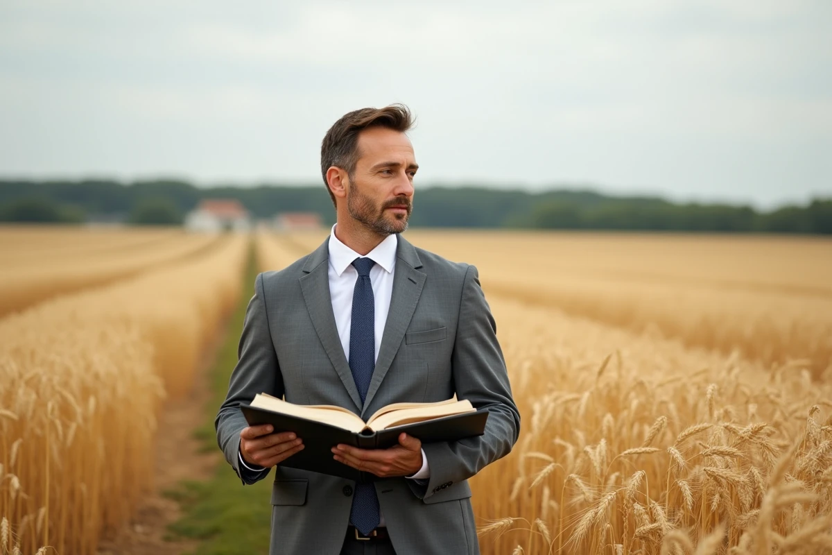 Notaire rural en costume gris tenant un contrat de bail dans un champ de blé doré lors de la récolte en France