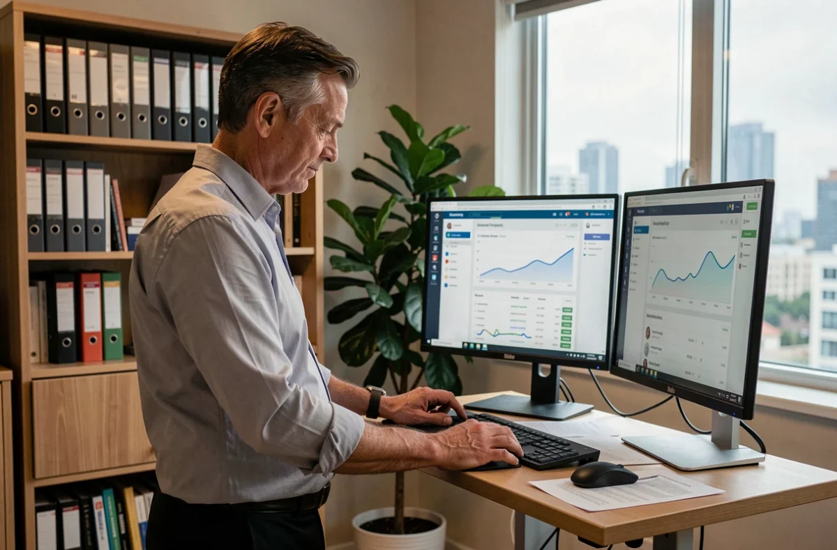 Nouvel agent Cofidis consultant son espace Mon Cofidis Pro sur double écran dans un bureau à domicile professionnel