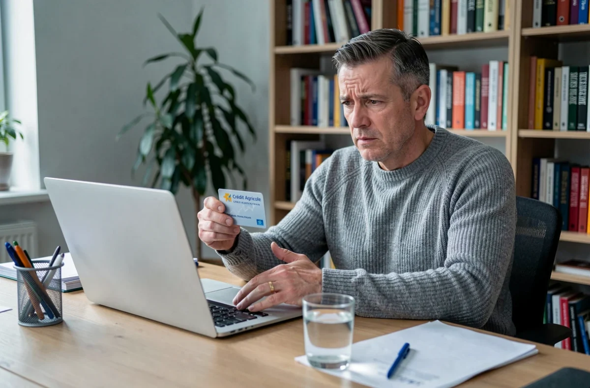 Homme effectuant une opposition bancaire en ligne sur ordinateur portable avec sa carte Crédit Agricole en main